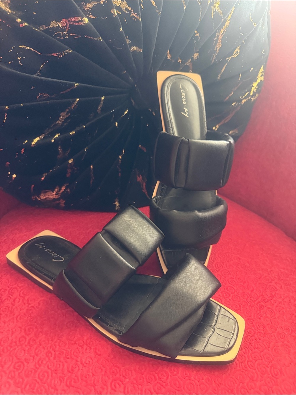 Black Padded Double-Strap Slide Sandals - Womens